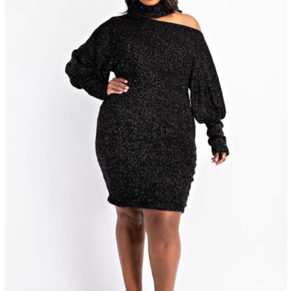 Woman's Size 3X Black Shimmer High Neck Open Shoulder Sweater Dress Fits 22W 24W - Picture 6 of 6